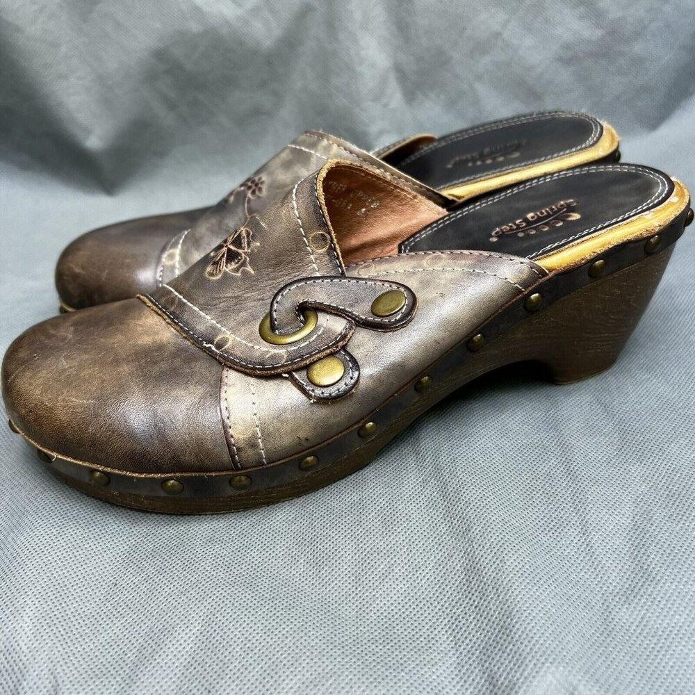 Spring Step Size 41 Western Artsy Clogs Mules Slip On Shoes Brown Leather Floral